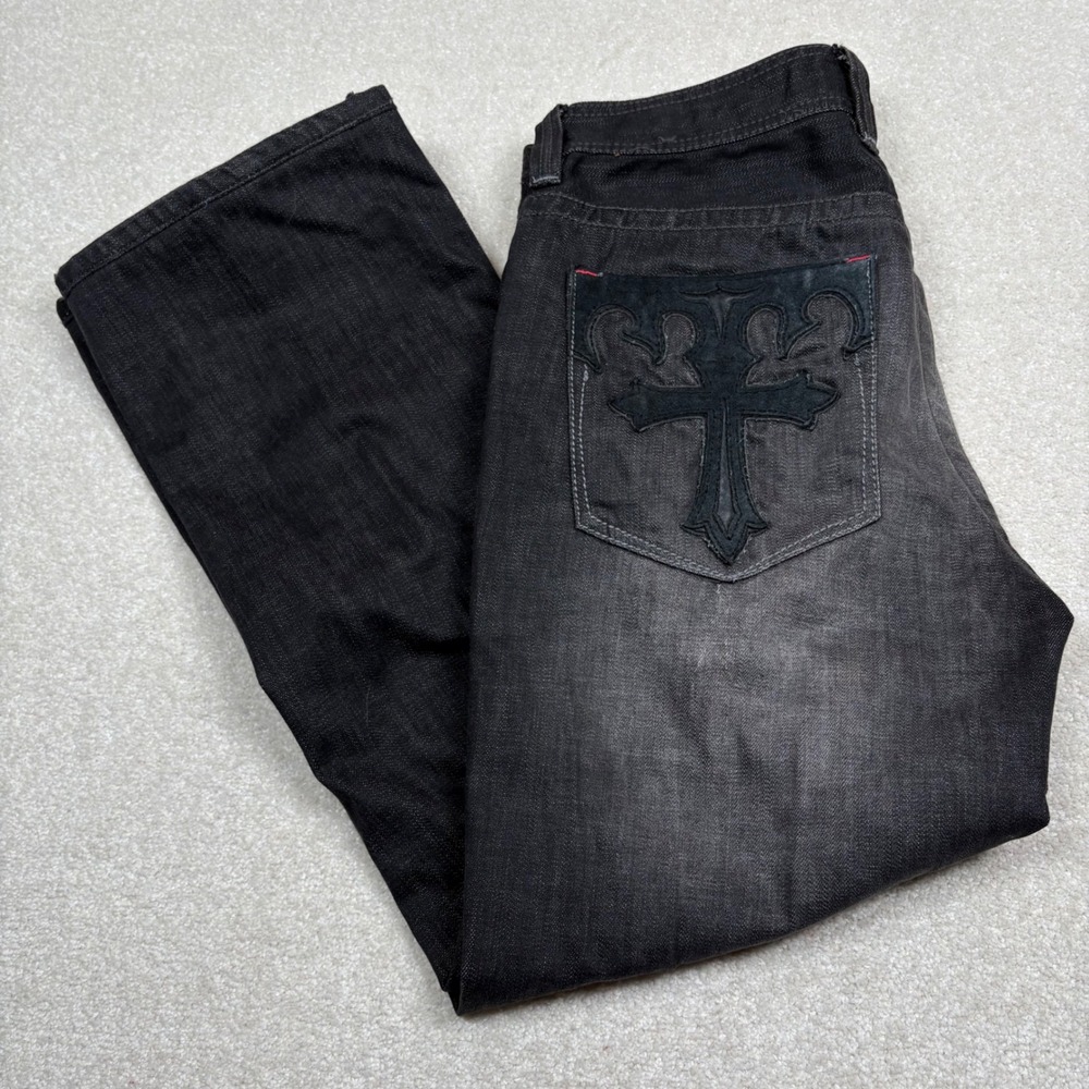 Affliction Cooper Boot Jeans Mens 34/28 Faded Black Suede Cross Applique Goth